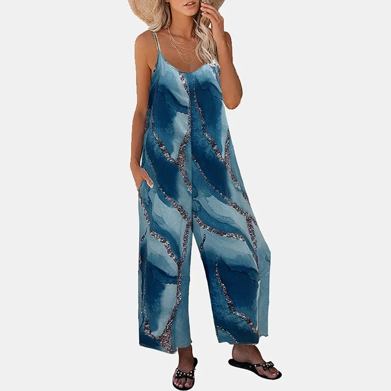 2023 Summer New Printed Sling Pocket Casual Wide-leg Jumpsuit Women Tie Dye Loose Bright Silk Sleeveless Romper One Piece Outfit