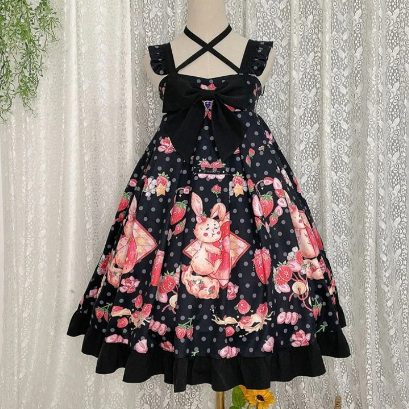 

Japanese Kawaii Lolita Jsk Dress Women Sweet Cartoon Rabbit Print Strawberry Party Dresses Female Summer Bowkont Suspender Dress