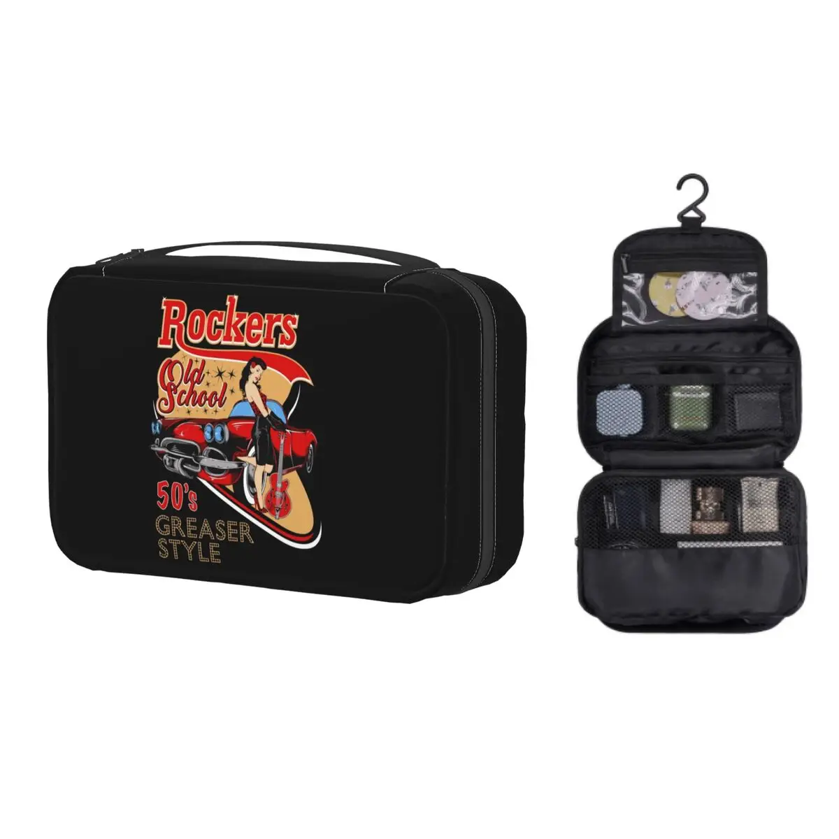 

Kawaii Rockabilly Pinup Vintage 1950s Travel Toiletry Bag Women Hanging Music Pop Makeup Cosmetic Organizer Dopp Kit