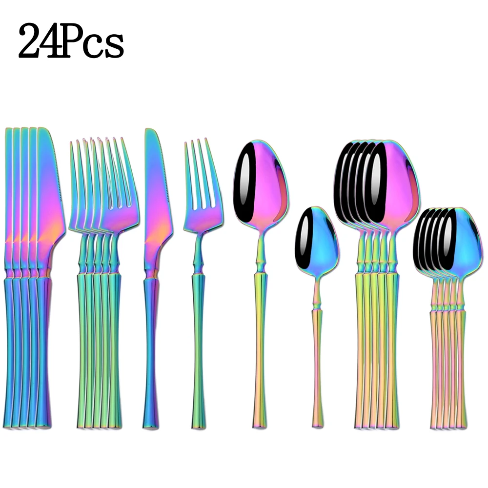 

AJOYOUS 24Pcs Stainless Steel Tableware Set Rainbow Dinnerware Set Cutlery Knife Fork Coffee Spoon Party Flatware Silverware Set