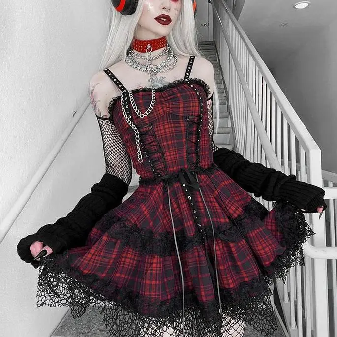 

Women's Dress Gothic Red Plaid Hip Hop Nightclub Grunge Fairy Ties Cosplay Strap Lace Ruffle Sling High Waist Dress Summer