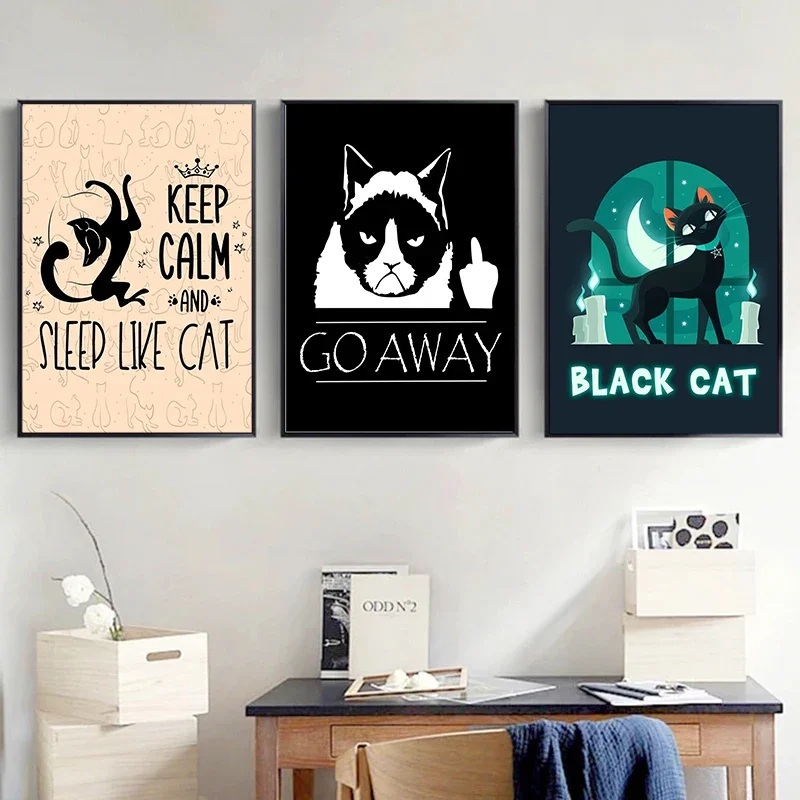 Мультфильм Прекрасный Черный Кот Картина Холст Плакат Забавные Мемы Настенная