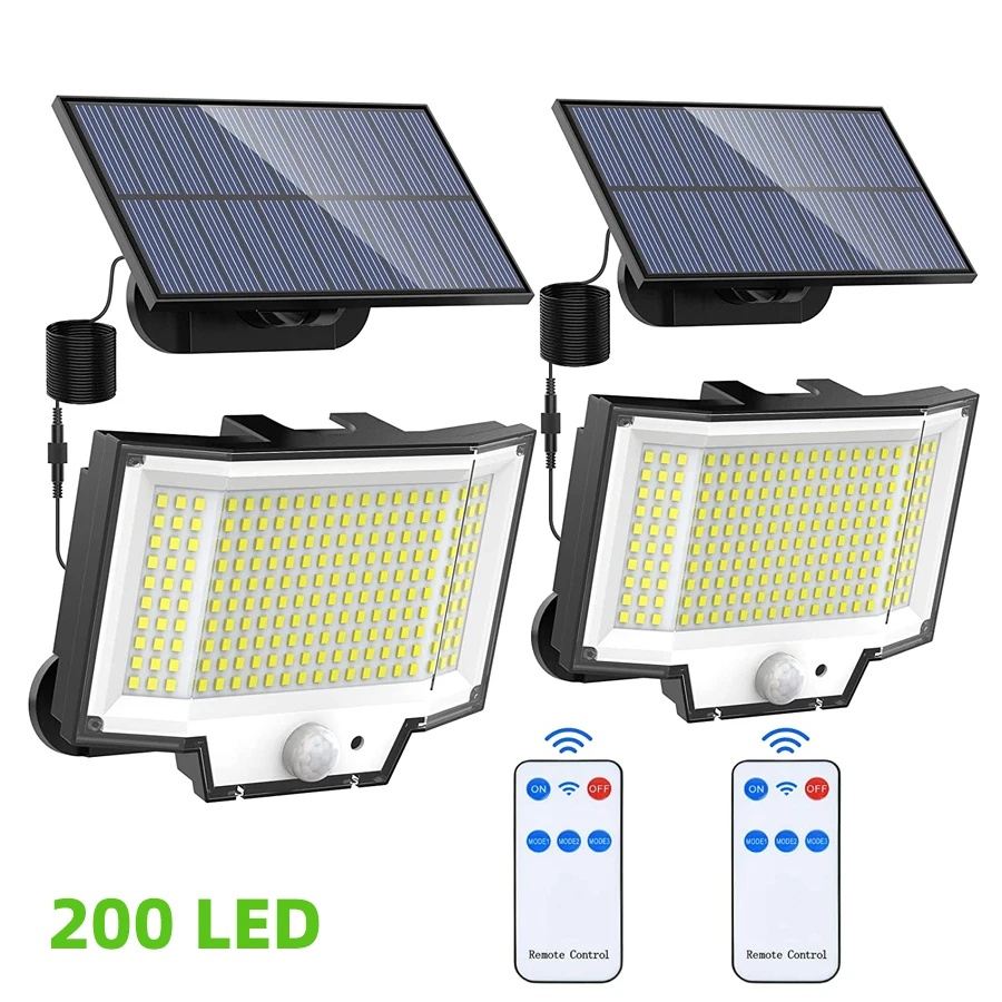 2PCS 400 Led Solar Motion Sensor Lights Outdoor Waterproof with  Remote 16.4Ft Cable Security  for Outside Porch Yard Shed Wall