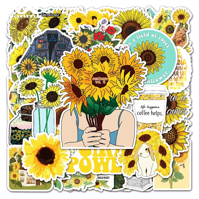 

50 Sheets Of Cross Border Sunflower Decorative Stickers Suitcase Scooter Refrigerator Laptop Body Graffiti Stickers Stationery