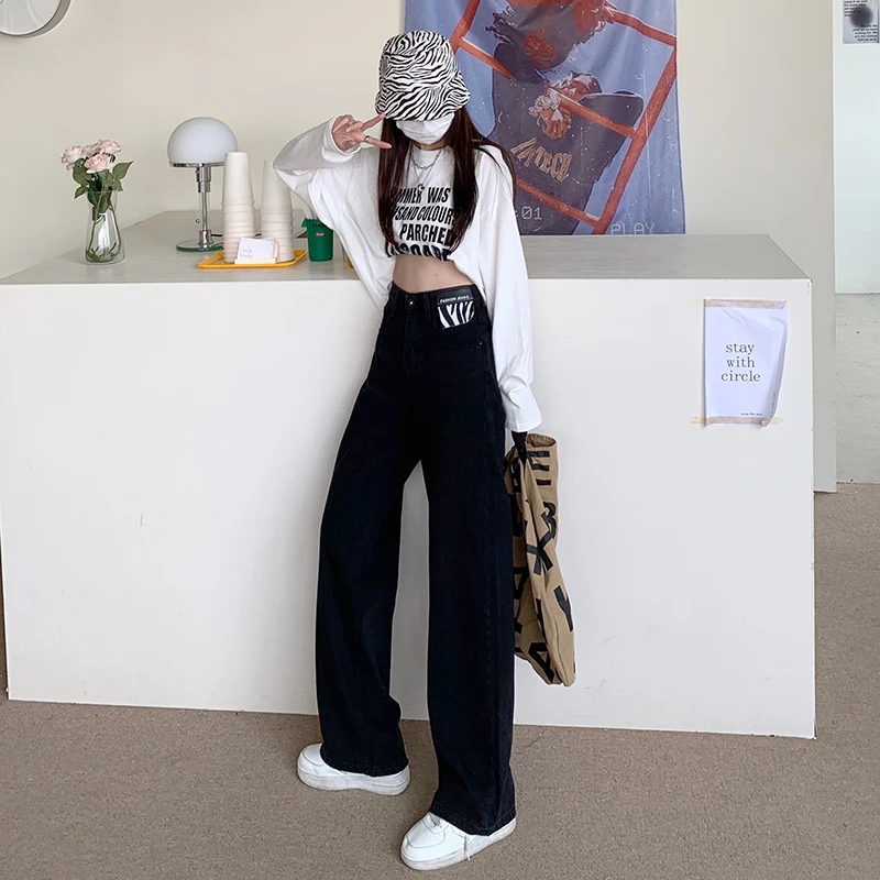Jeans Women's Black Summer Commuter Casual High Waist Loose Straight Leg Wide Leg Pants Contrast Zebra Pattern Slim