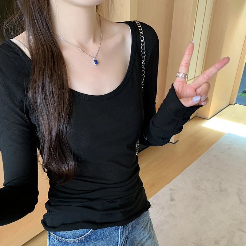 Женская Однотонная футболка с длинным рукавом и круглым вырезом