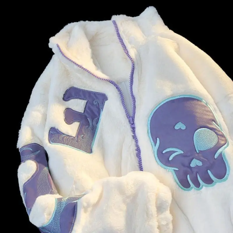 Plus Size Lamb Fleece Skull Letter E Coat y2k Autumn and Winter Warm Loose Casual Top Cotton Clothes  winter clothes women