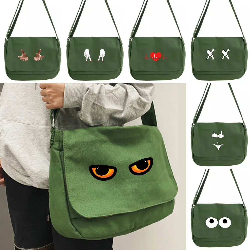 Yellow Eye Pattern Canvas Crossbody Bag Casual Travel School Large Handbag