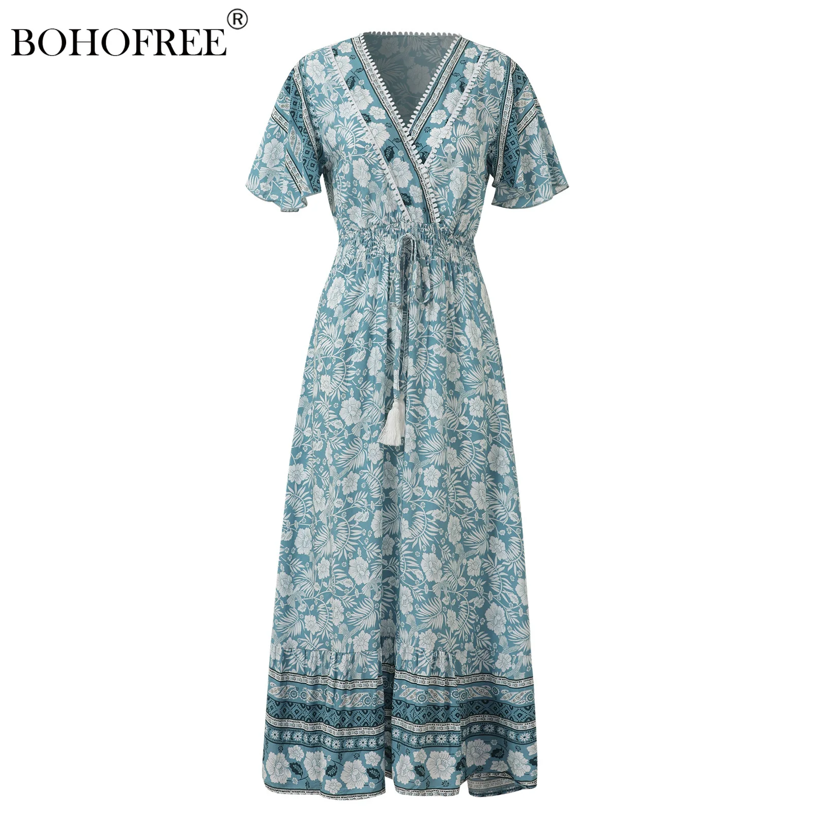 

Vintage Chic V Neck Short Sleeve Rayon Cotton Dress Casual Summer Wear Floral Print Maxi Hippie Vestidos Beach Vestidos Robe