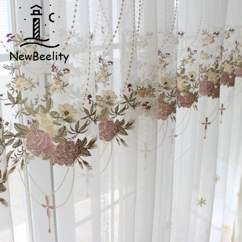 

Lace Blue Curtains for Living Dining Room Bedroom Embroidery Pink Purple Romantic Princess Window Valance