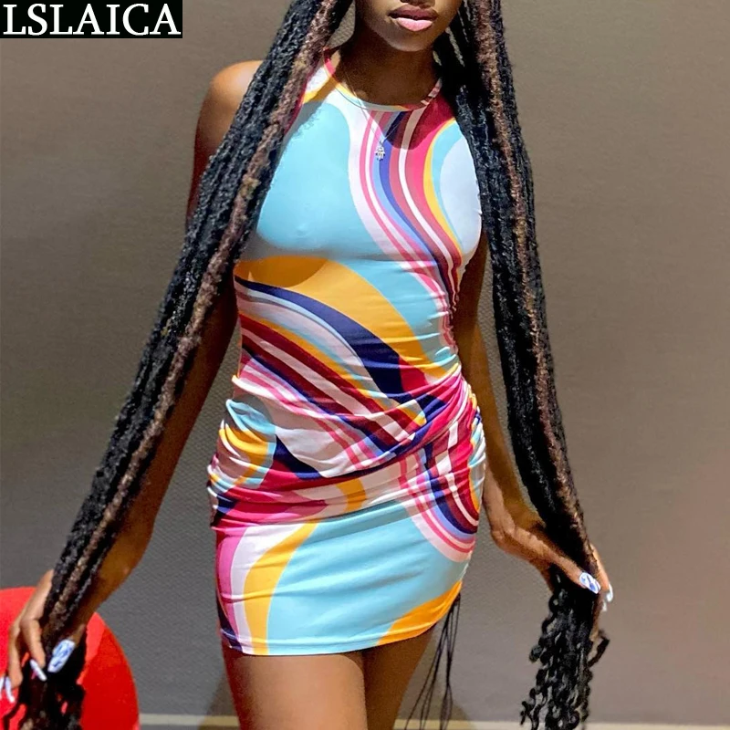 

Tight Dreess Women for Summer Sleeveless Tank O-neck Color Striped Print Mini Dress Slim High Street Fashion Bodycon Robe Femme