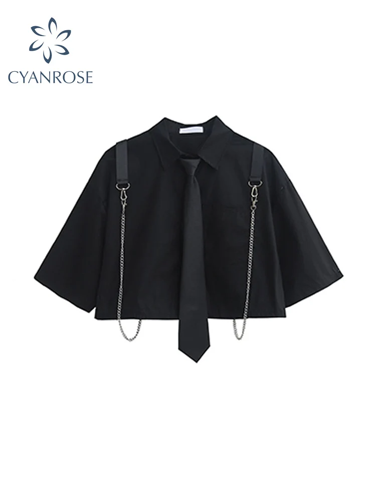 

Женская рубашка с коротким рукавом, Готическая блузка Y2K с галстуком и цепочкой, шикарный Свободный Топ, Повседневная винтажная уличная оде...