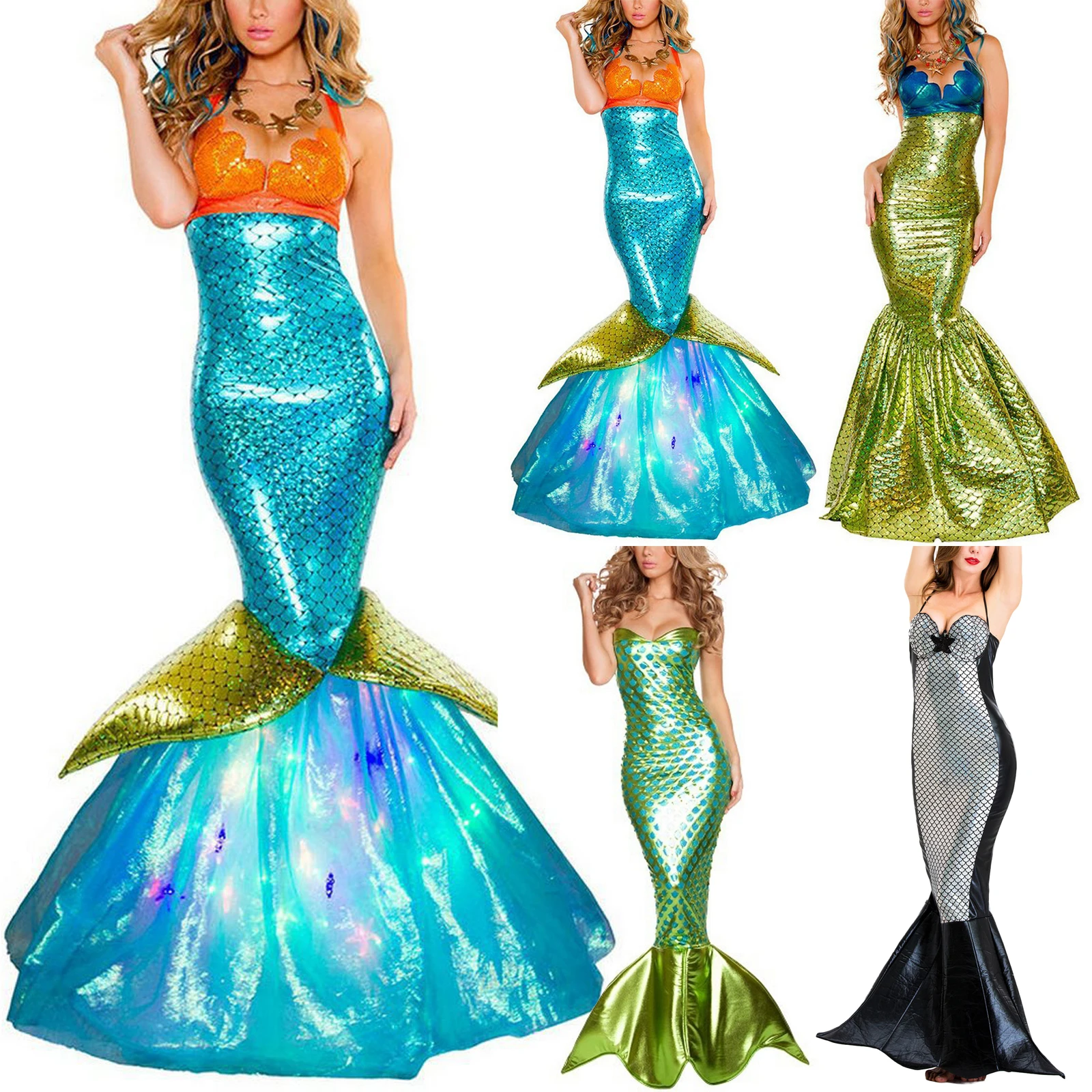 

Halloween Mermaid Costume Dress Women Halloween Long Sleeveless Lacing Halterneck Backless Patchwork Mermaid Cosplay Dress