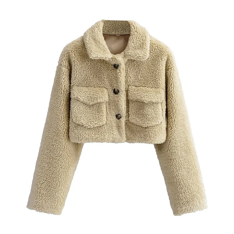 

2021 Women's Autumn and Winter New Street Style Lamb Wool Thickened Cropped Top Slim Slimming Lapel Single-breasted Jacket