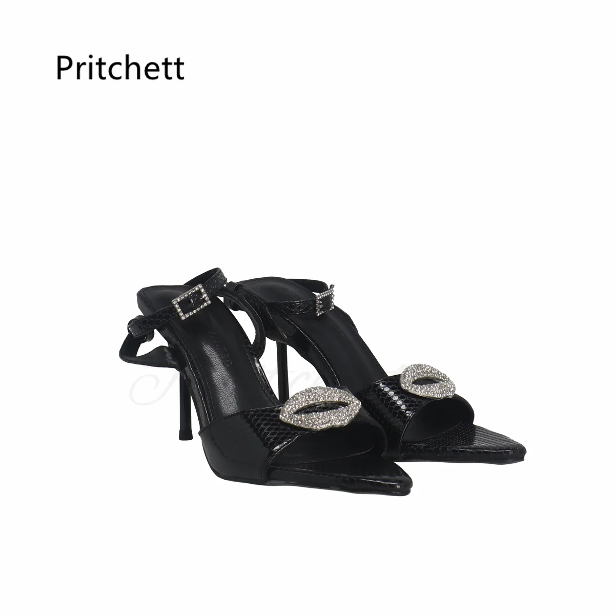 Rhinestone Open Toe Stiletto Sandals for Women Summer High Heels Sexy Black Leather Buckle Strap Pointy Sandals Party Shoes