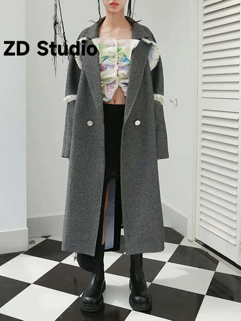 

[ZD Studio] Loose Fit Size Tassel Lurex Long Woolen Coat Parkas New Long Sleeve Women Tide Autumn Winter 2023