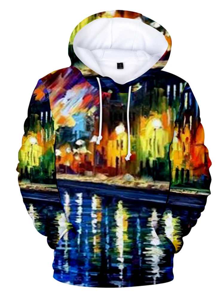 

2022 Axial Oil Painting 3D Digital Printing European and American Large Size Casual Hooded Sweater Fashion Street Hipster