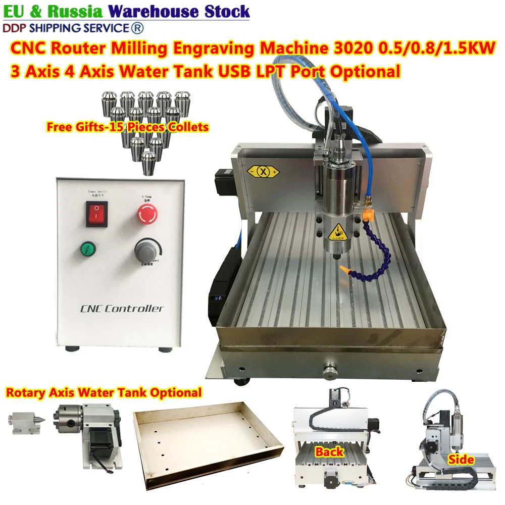 New CNC Milling Engraving Machine 3020 Wood Work CNC Router Engraver 0.5/0.8/1.5KW USB Port 3 Axis 4 Rotary Axis with Water Tank