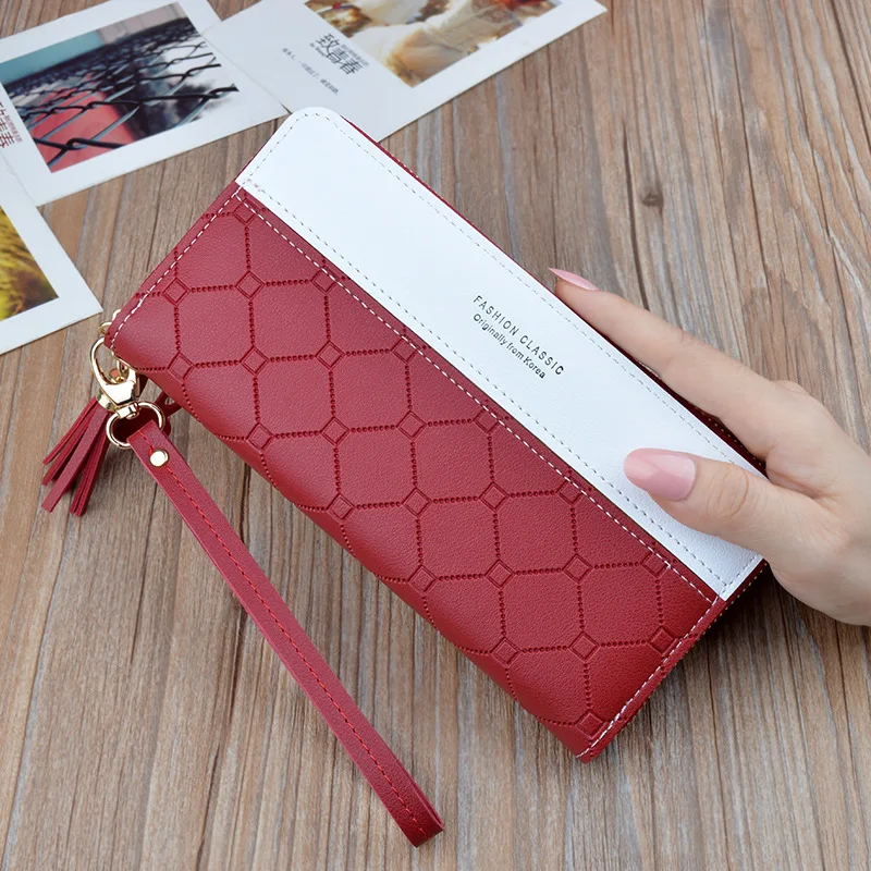 

Dropshipping women's long wallet zipper tassel contrast embossed large capacity wallets female coin purses mobile phone bags