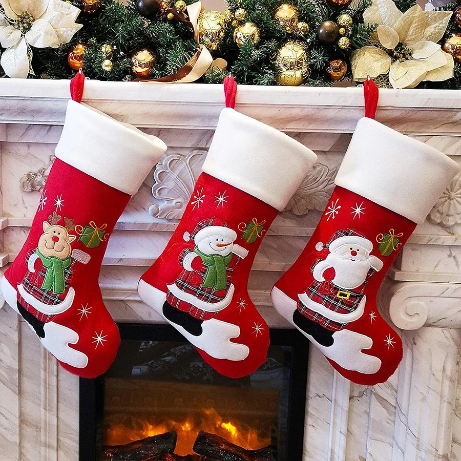 

3 Pcs Christmas Stocking Socks Red Candy Bag Elk Santa Claus Pattern Home Fireplace Xmas Tree Hanging Decor Family Kids Gift