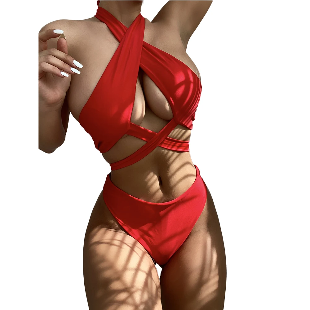 

FS 2022 Sexy Swimwear Bathing Suits Solid Color Halter Cross Neck Bikinis Set Two Pieces High Waisted Swimsuits Beachwear Red