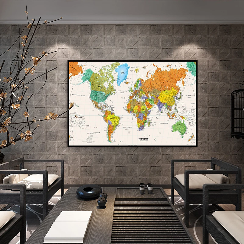 

75*50cm The World Political Map Fabric Card Vintage Canvas Painting Wall Art Poster School Supplies Living Room Home Decoration