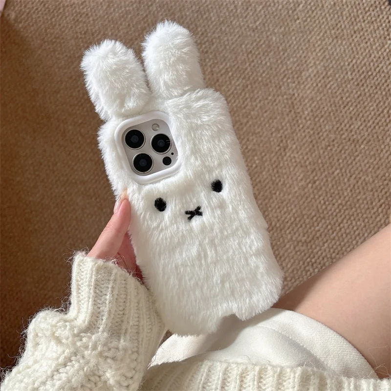 Теплый зимний плюшевый чехол для телефона с белым кроликом iPhone 13 14 15 16 pro max