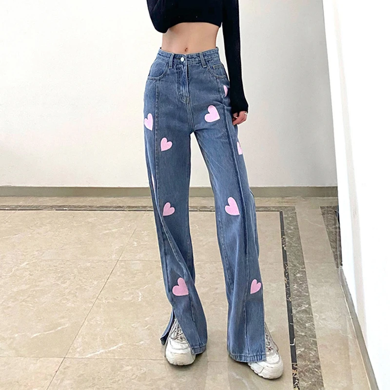 Fashion Love Sequined Trousers Split Blue Jeans Women's 2022 Summer High Waist Casual Drape Straight Trousers Boyfriend Jeans