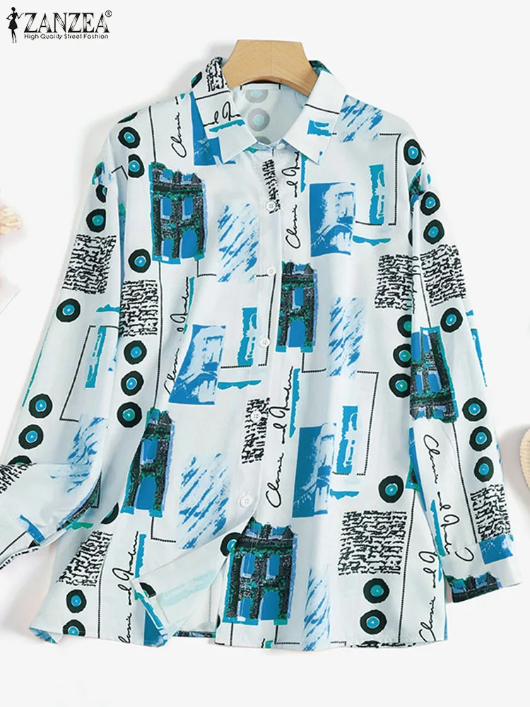 

Женские стильные рубашки большого размера с принтом 2023, модные офисные женские топы, футболки ZANZEA, повседневные свободные блузы, женские блузы, рабочая одежда