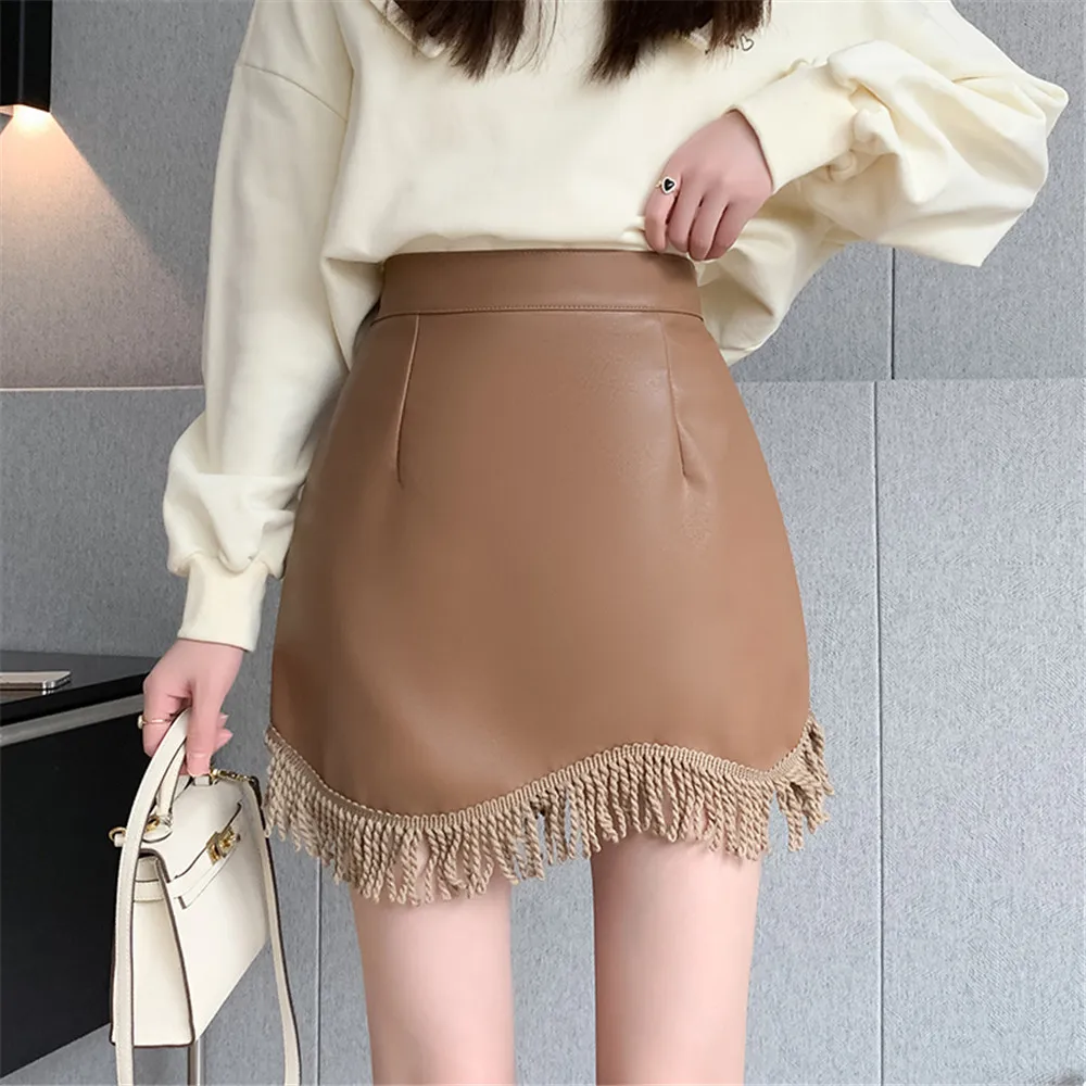

Женская короткая юбка из ПУ кожи, демисезонная трапециевидная юбка с высокой талией и бахромой, Яркая юбка