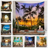hawaiian tapestry sunrise sunbeams through clouds shoreline wide wall hanging for bedroom living room dorm aesthethic decor art