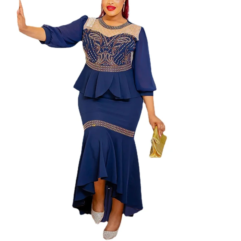African Wedding Party Clothes for Women Spring African Women Long Sleeve Polyester 2 Pieces Sets Top Skirt Matching Sets
