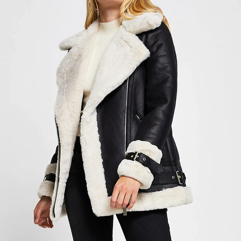 

FMFSSOM Women Winter Thick Coat Pu Faux Soft Leather Black White Sheepskin Fur Jacket Female Aviator Casual Feminino Outwear