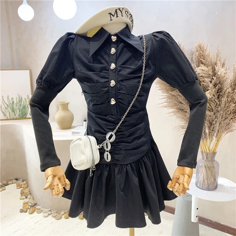

Niche Design New Women's Clothing 2022 Spring Solid Color Temperament Puff Sleeve Pleated Solid Slim Long Sleeved Shirt Dress