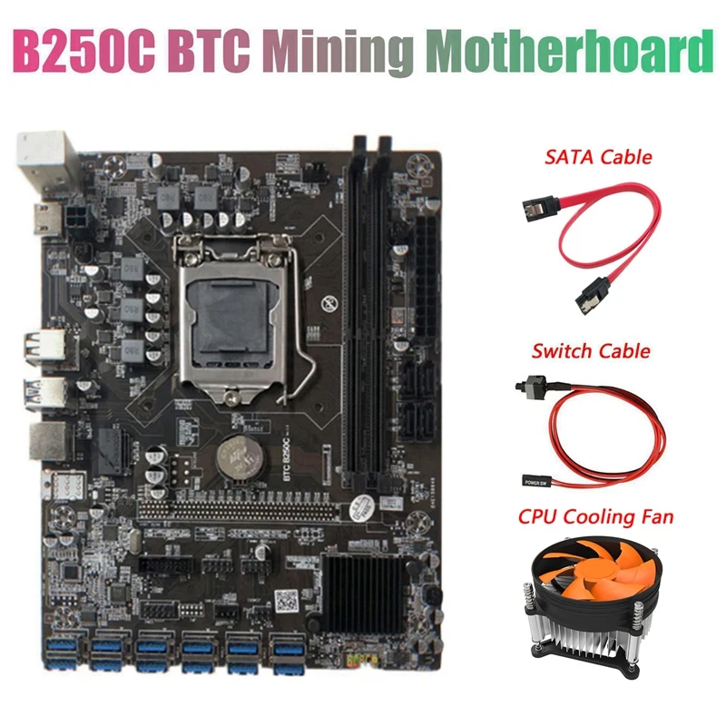 

HOT-BTC B250C Mining Motherboard With Fan+SATA Cable+Switch Cable 12 PCIE To USB3.0 Graphics Card Slot LGA1151 Supports DDR4