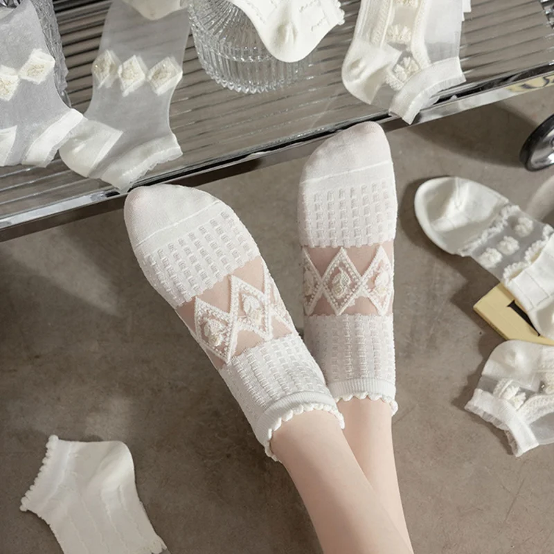 5 Pairs/Lot Summer Short Women White Socks Low Tube Cool Socks Set Cute Print Ankle Foot Cover Fashion New Kawaii Lace Sock