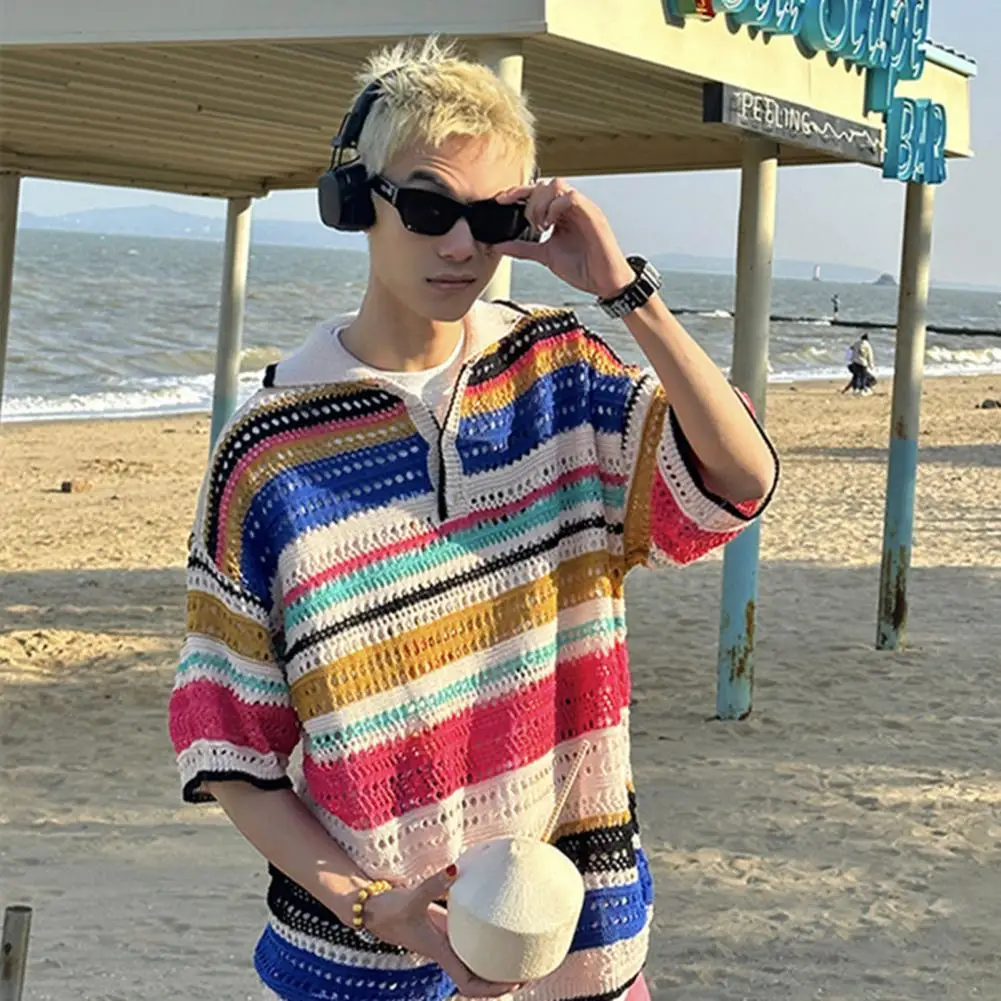 

Men Casual Top Streetwear Men's Knitted T-shirt Striped Contrast Color Cutout Design Loose Fit with Half Sleeves Turn-down