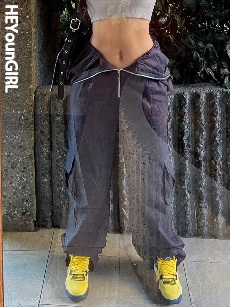 

Свободные брюки-карго HEYounGIRL на молнии с манжетами, женские спортивные штаны с низкой талией, модные летние джоггеры, брюки в стиле Харадзюку...