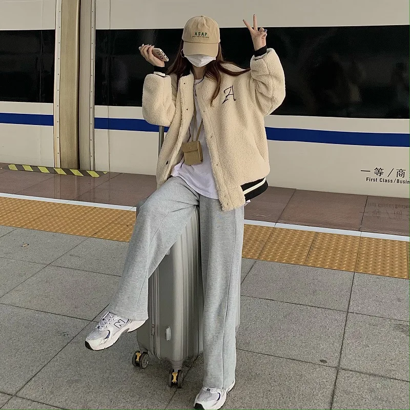 Sweet Girl 2023 New Lamb Wool Quilted Baseball Uniform Jacket Female Autumn and Winter Korean Loose Warm Thick Furry Jacket