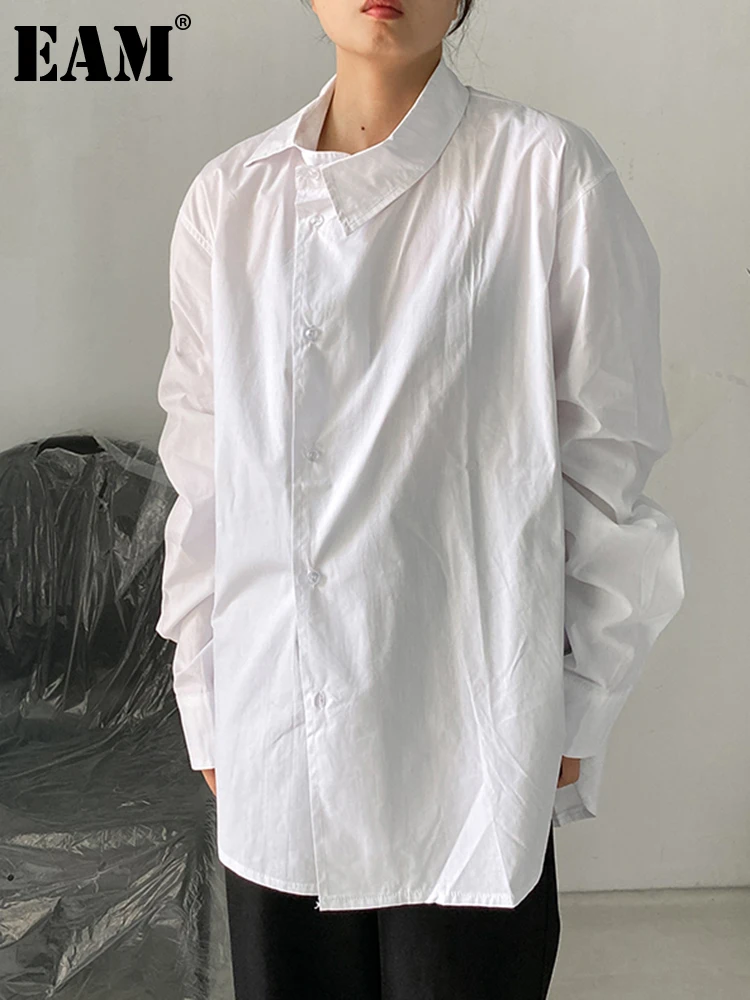 

[EAM] Women White Irregular Button Big Size Blouse New Lapel Long Sleeve Loose Fit Shirt Fashion Tide Spring Autumn 2023 1DH1141