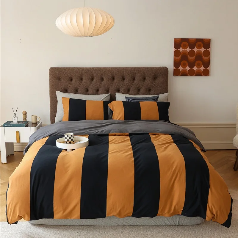 Simple Four-piece Set Of Cotton  Suitable For Sleeping Naked Wide Striped Quilt Cover Knitted Sheet 2023 New Comfortable Durable