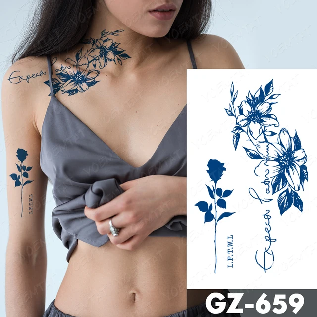 Semi-Permanent Waterproof Temporary Tattoo Sticker Line Flower Text Genipin Herbal Leaves Juice Lasting Ink Fake Shoulder Tatoo 3