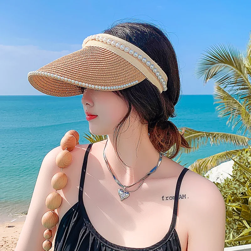 

Summer Hats For Women Empty Top Straw New Sun Hat Female Pearl Beads Large Brim Beach Visor Cap Sunshade Sunscreen Headless