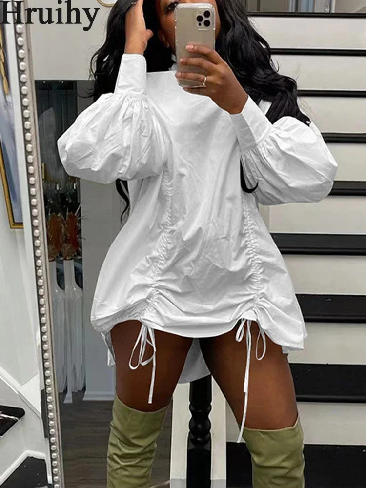 

Solid Color One Piece Dress Women Fashion Drawstring Ruched Up Long Sleeve Spring Fall Stand Collar Straight Loose Mini Dresses