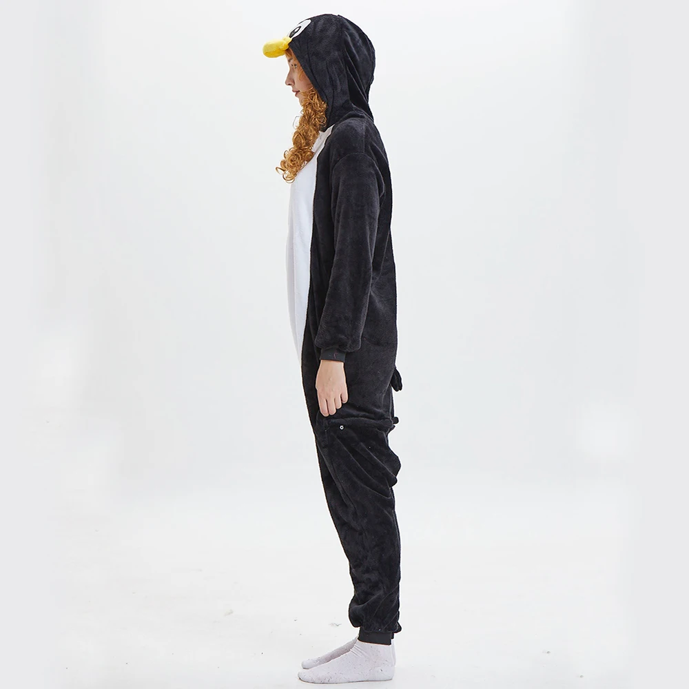 Kigurumi Black Penguin Flannel Onesie Adult Animal One-piece Pajamas Cosplay Homewear Sleepwear Jumpsuit Costume for Women Men