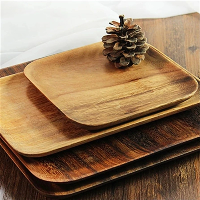 

Square Solid Wood Plate Fruit Dishes Saucer Dessert Dinner Bread Pizza Plates Tea tray Storage Tea Tray