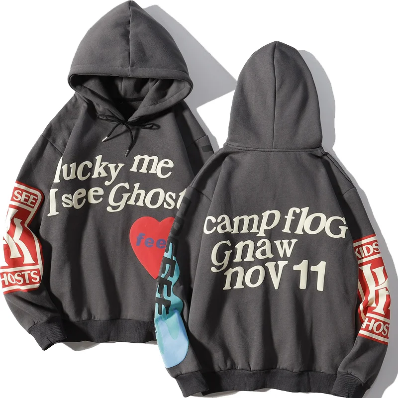 

Harajuku Weirdo Graffiti Letter Printed Hoodies Men Lucky Me I See Ghosts Mens Hooded Sweatshirt Fleece Pullover Streetwear