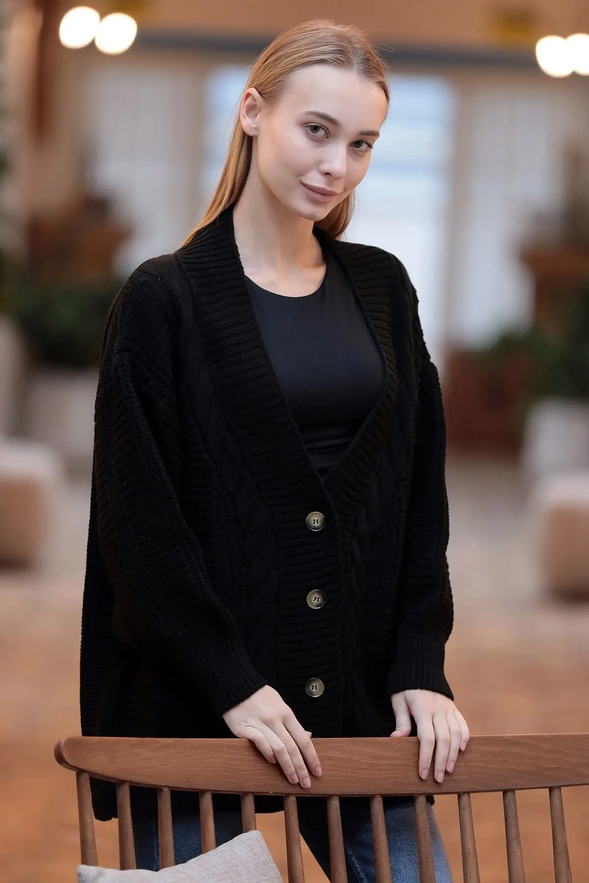 

Women's Cardigan Black Buttoned Hair Braided Balloon Sleeve Casual Knitted Quality Fashion Sweaters Loose Jumper