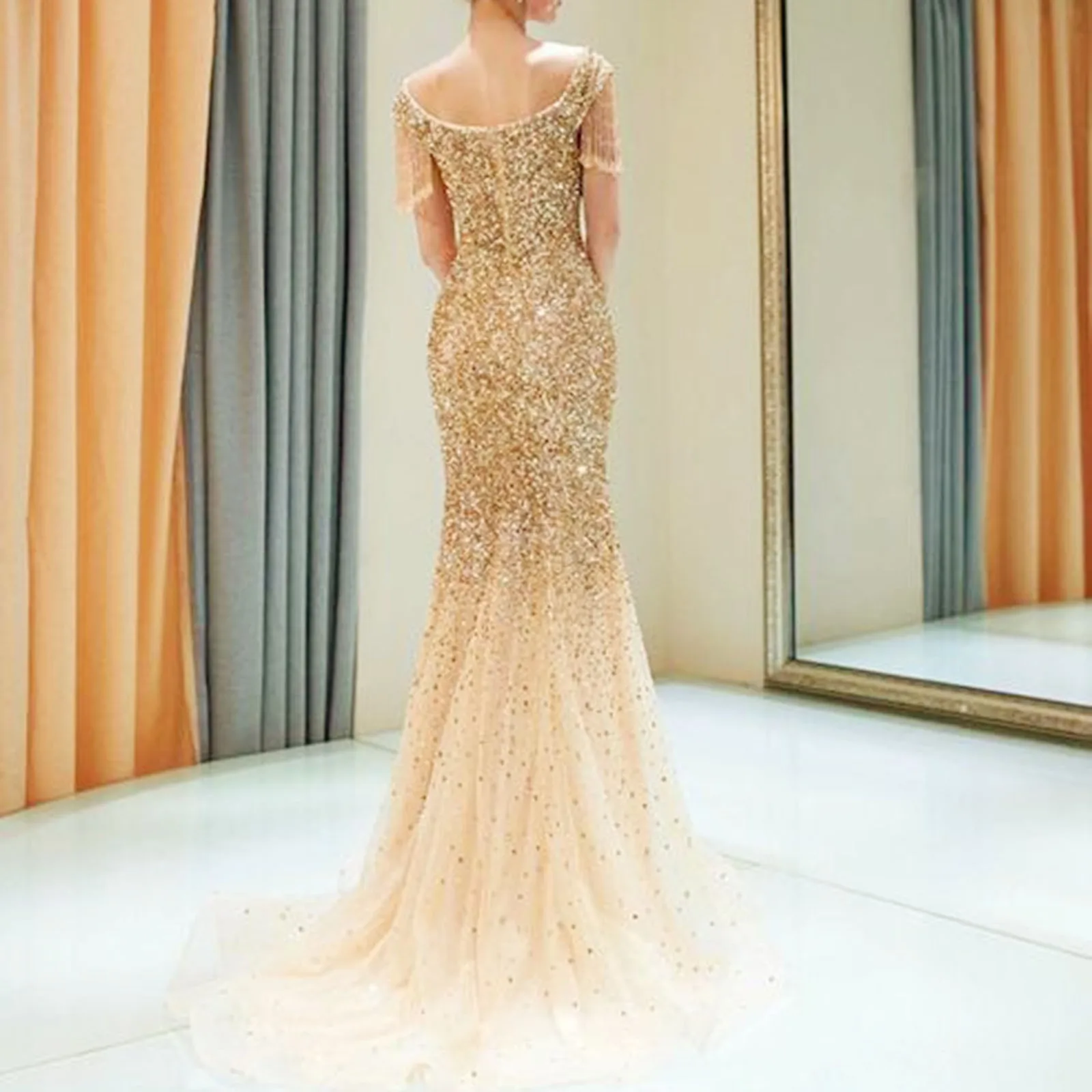 

Private Custom Gold Tulle V-Neck Mermaid Sequined Beading Evening Dresses Crystal Sweep Train Prom Dress