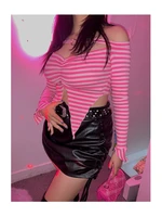 qweek y2k sexy pink tshirts striped off shoulder 20s egirl aesthetic core corset long sleeve halter tops grunge t shirts skinny